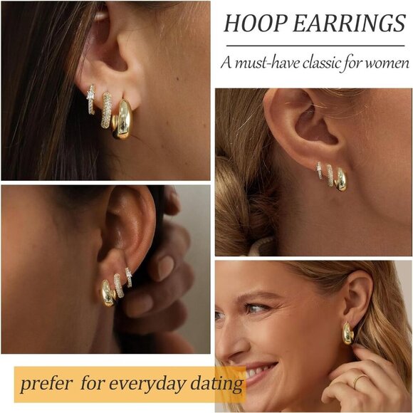 Gold Hoop Earrings Set for Women - 14K Gold Plated Small Hoops, Chunky Thick Ear - Picture 3 of 9